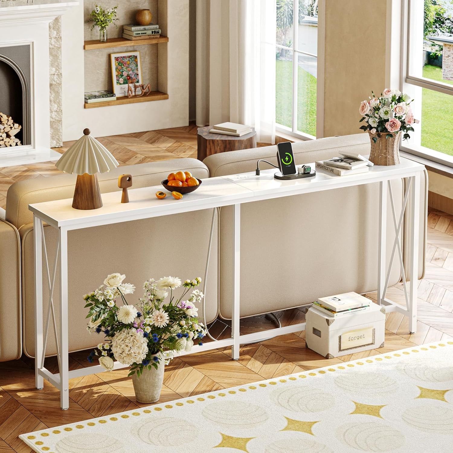 70-Inch Console Table with Outlets and USB-C Port, Extra Long X-Shaped Design for Entryway or Living Room, Narrow Metal Frame with Wooden Top in White