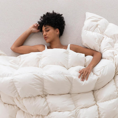 Twin Size Down Feather Comforter - 750 Fill Power All-Season Duvet Insert, Ultra-Soft Hotel Collection, Baffle-Box Design, Noiseless, Medium Warmth
