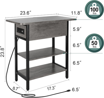 End Table with Charging Station, Flip Top Side Table with USB Ports and Outlets, Sofa Couch Table Bedside Table for Living Room Bedroom, Narrow Nightstand with Storage Shelves for Small Space