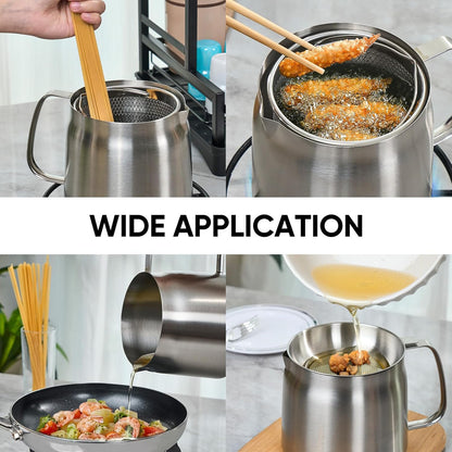 68Oz/2L 304 Stainless Steel Oil Container, Cooking Oil Filter Pot with Mesh Strainer, Grease Container with Lid for Kitchen, Dishwasher Safe