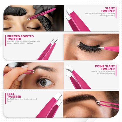 Professional Tweezers 4 Piece Set, Stainless Steel Slant, Pointed, Flat & Curved Tweezers for Eyebrows, Ingrown Hair & Splinter Removal, Grooming & Beauty Tools, Pink