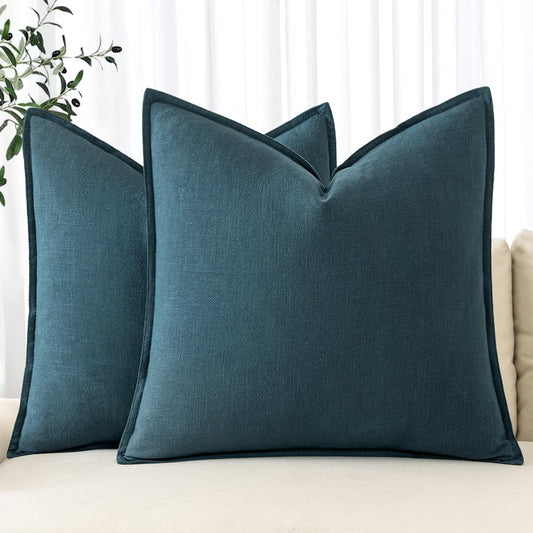 Decorative Linen Pillow Covers 18X18 Inch Blue ​Boho Farmhouse​ ​Neutral Couch Throw Pillows for Bed Pack of 2 Accent Coastal Modern Pillowcase Summer Sofa Livingroom Home Decor