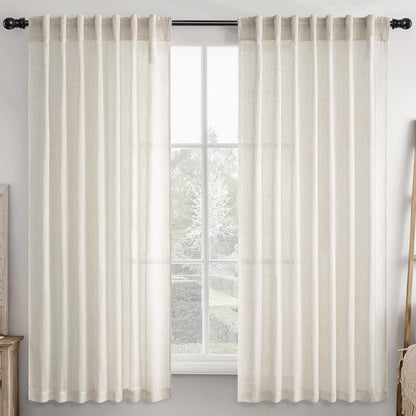 Ivory Cream Linen Back Tab Curtains 63 Inch Length 2 Panels Set, Semi Sheer Light Filtering Privacy Drapes for Modern Farmhouse Living Room Bedroom, Neutral Textured Pinch Pleated Look Window Curtains