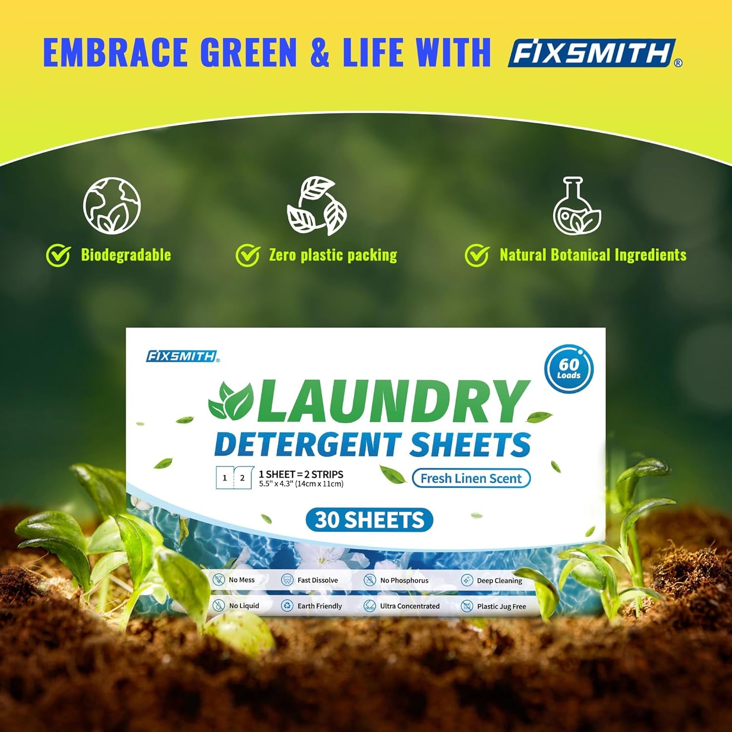 Laundry Detergent Sheets - 60 Loads (30 Sheets) Fresh Linen Scent - Hypoallergenic,Eco Friendly Laundry Soap Sheets Ultra-Concentrated Travel Detergent Sheets.Plastic-Free,Liquidless.