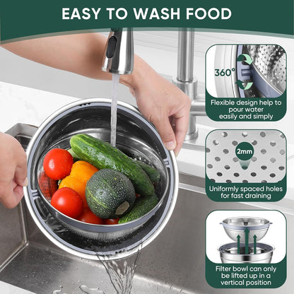 Mixing Bowls with Lids Set of 3, Stainless Steel Mixing Bowl and Colander for Kitchen, 3 Grater Attachments & Non-Slip Bottoms, Visible & Airtight Lid, Black