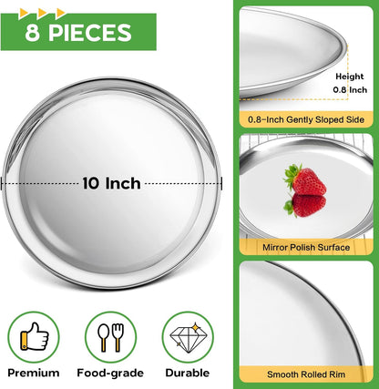 10 Inch Pizza Pan, Stainless Steel round Pizza Tray Baking Pans, Pizzas Plate Serving Tray for Cookie Meat, Oven & Dishwasher Safe & Easy Cleaning, (Mirror Finish) - 8 Pieces