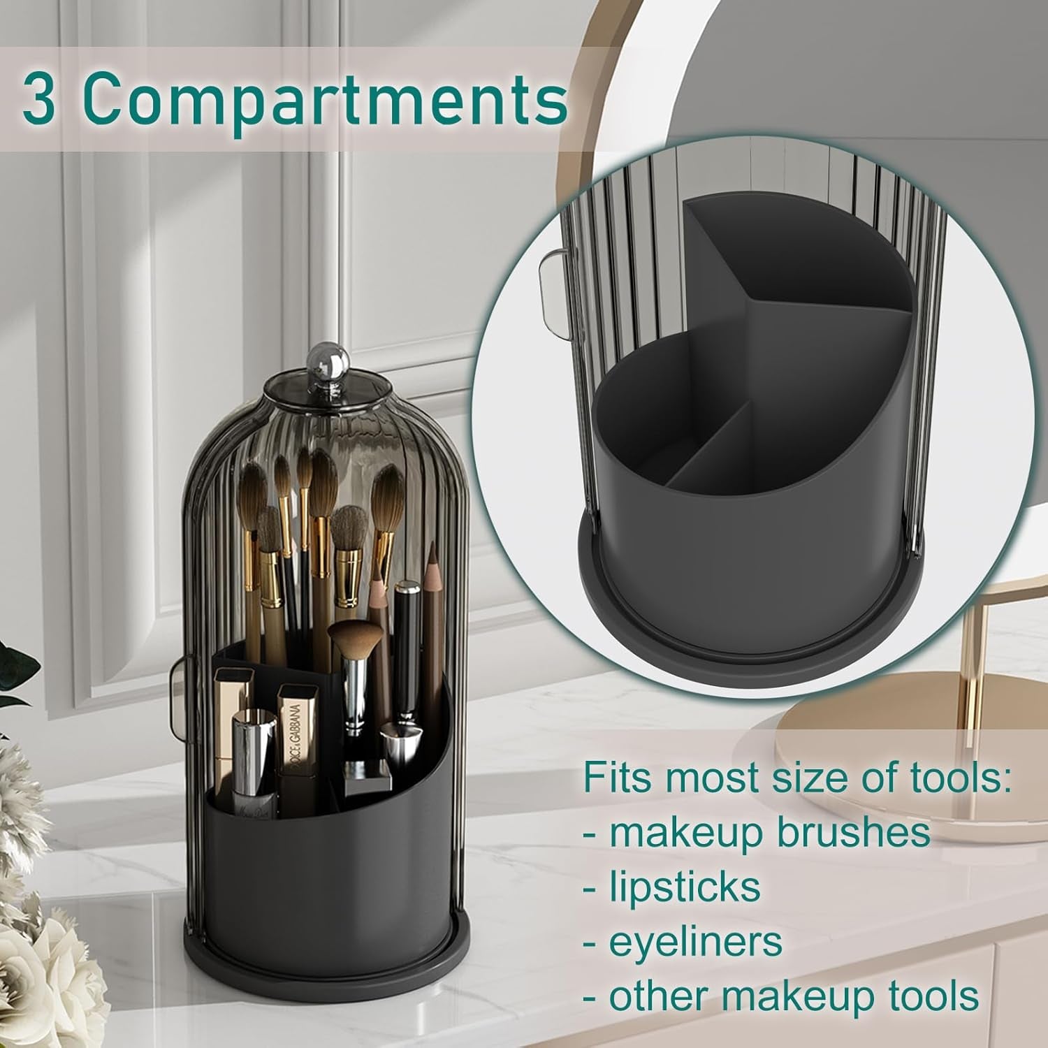 Makeup Brush Holder with Lid Cosmetic Tools Organizer 360 Rotating Waterproof Dustproof Beauty Brushes Storage for Vanity, Black-Grey