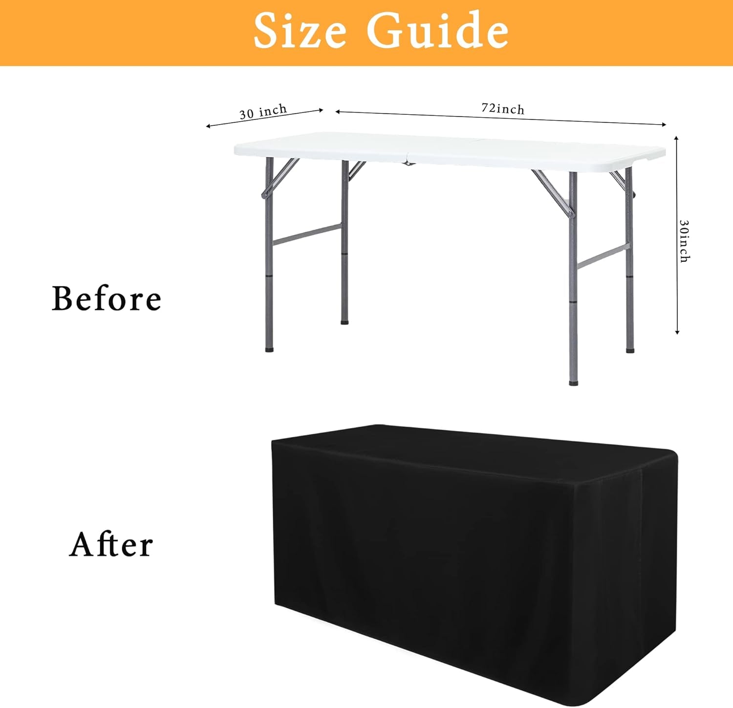 Black Tablecloth Fitted for 6Ft Rectangle Table - Water Resistant Polyester Table Cover for Indoor/Outdoor Use, 72X30 Inches