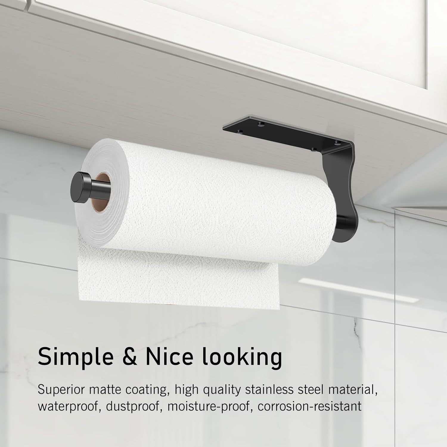 Paper Towel Holder, Single Hand Operable Paper Towel Holder under Cabinet with Adjustable Damper, Easy Tear, Wall Mount, Self-Adhesive or Drilled for Kitchen Bathroom, Black
