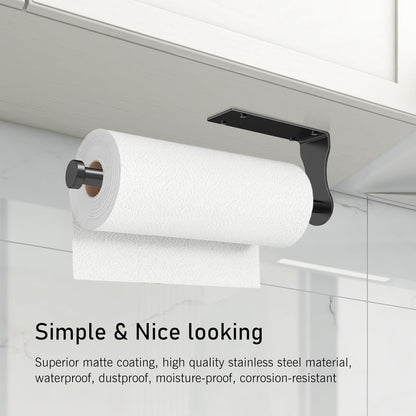 Paper Towel Holder, Single Hand Operable Paper Towel Holder under Cabinet with Adjustable Damper, Easy Tear, Wall Mount, Self-Adhesive or Drilled for Kitchen Bathroom, Black