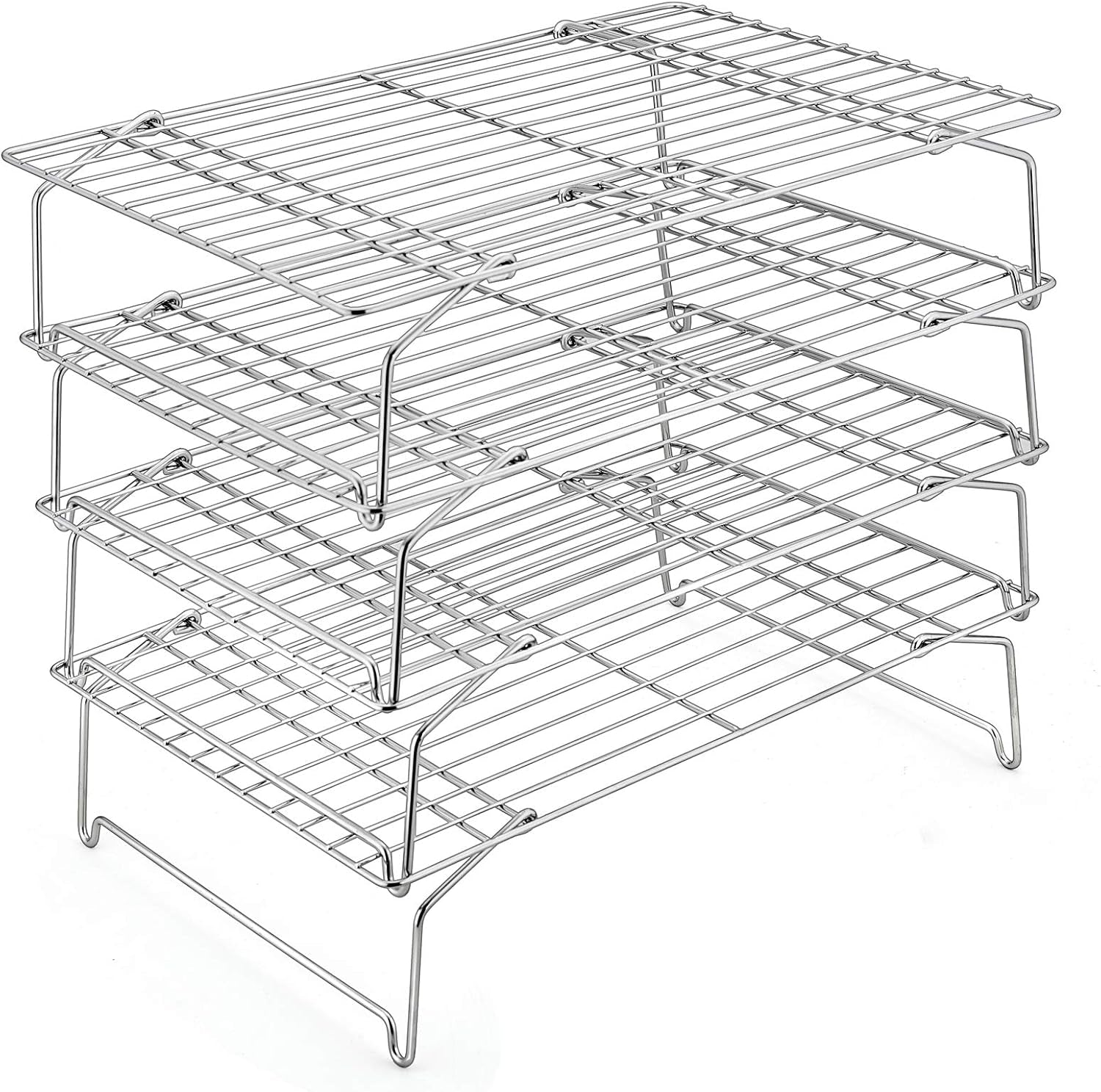 4-Tier Cooling Rack Set, Stainless Steel Stackable Baking Cooking Racks for Cooling Roasting Cooking, Raised & Folding Feet, Oven Safe & Easy Clean, 15" X 10", Silver