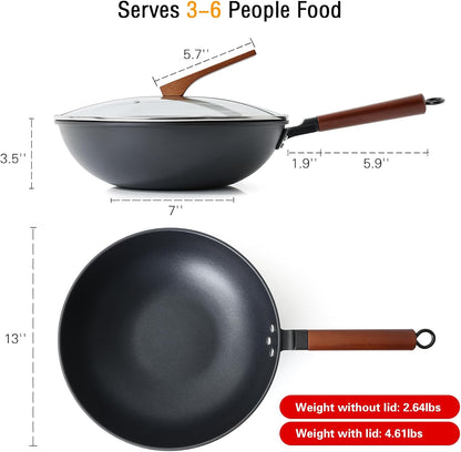 Nonstick Wok with Lid, 13 Inch Woks & Stir Fry Pans Nonstick, Carbon Steel Wok for Cooking, Pre-Seasoned Flat Bottom Chinese Wok for Induction, Electric, Gas Stoves