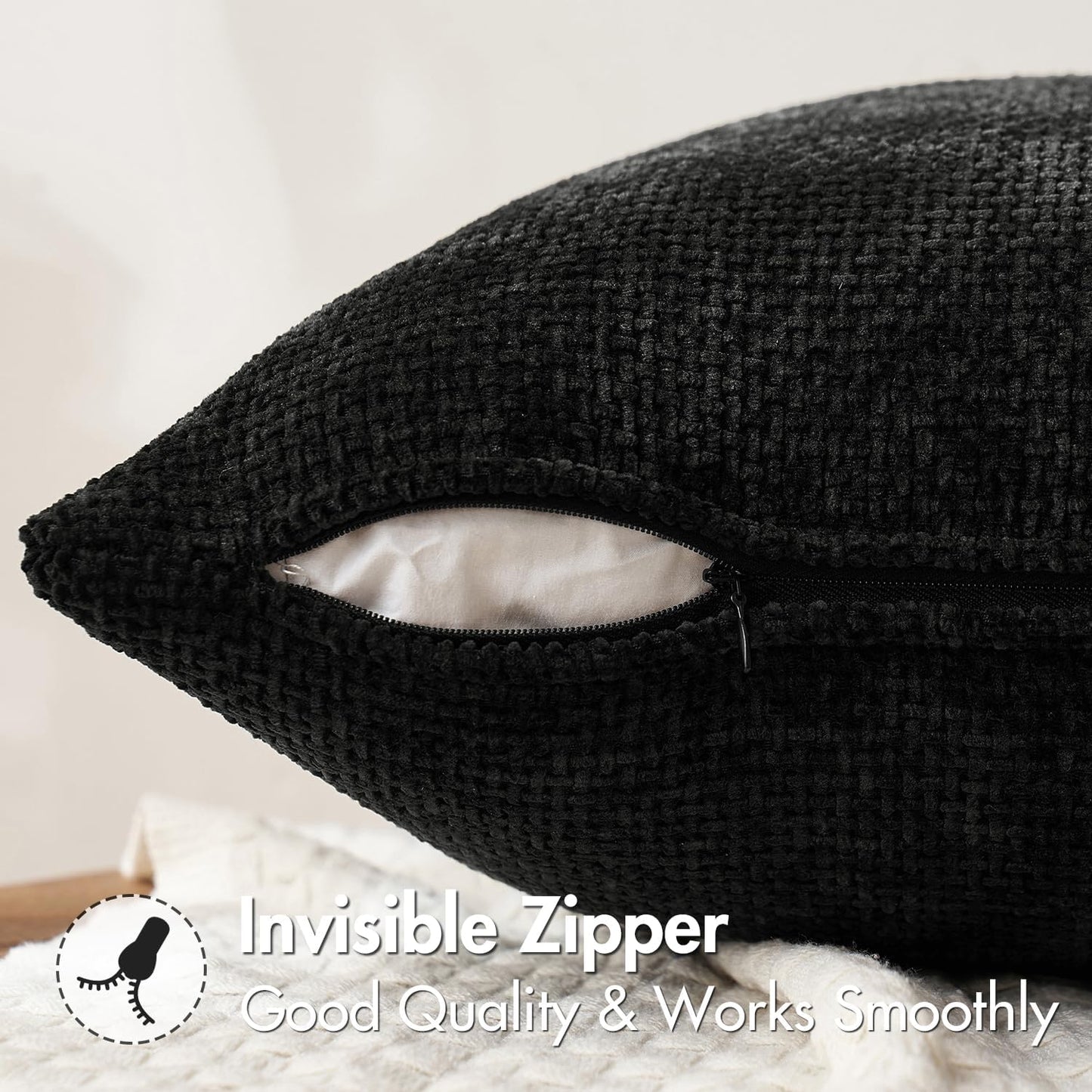 Pack of 2 Couch Throw Pillow Covers 18X18 Inch Black Modern Boho Accent Decorative Pillow Covers Soft Chenille Farmhouse Cushion Covers for Home Decor Bed Sofa Living Room