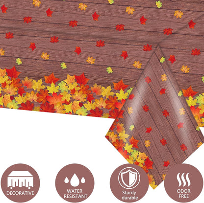 3 Pack Fall Wood Grain Maple Leaves Tablecloth 54 X 108 Inch Thanksgiving Party Tablecovers Disposable Waterproof Plastic Autumn Harvest Theme Table Cloth Rectangle for Dinner Home Table Decor