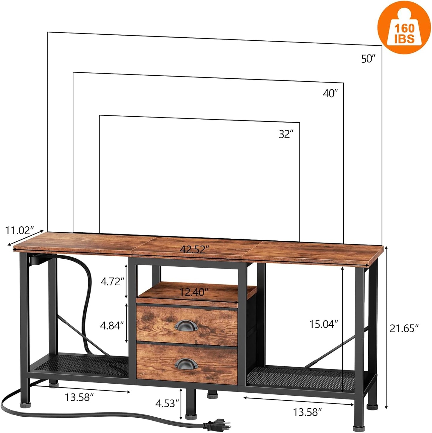 TV Stand with Power Outlets and 2 Fabric Drawers, 42 Inch Small Entertainment Center with Open Storage Shelves, Simple TV Console Table for Bedroom, Living Room, Rustic Brown