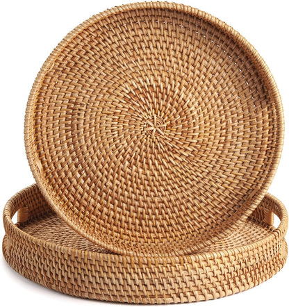Coffee Table Tray round Rattan Ottoman Tray Woven Serving Trays with Handles for Home and Kitchen Decorative Natural (Large 14 Inch X 2.8 Inch)