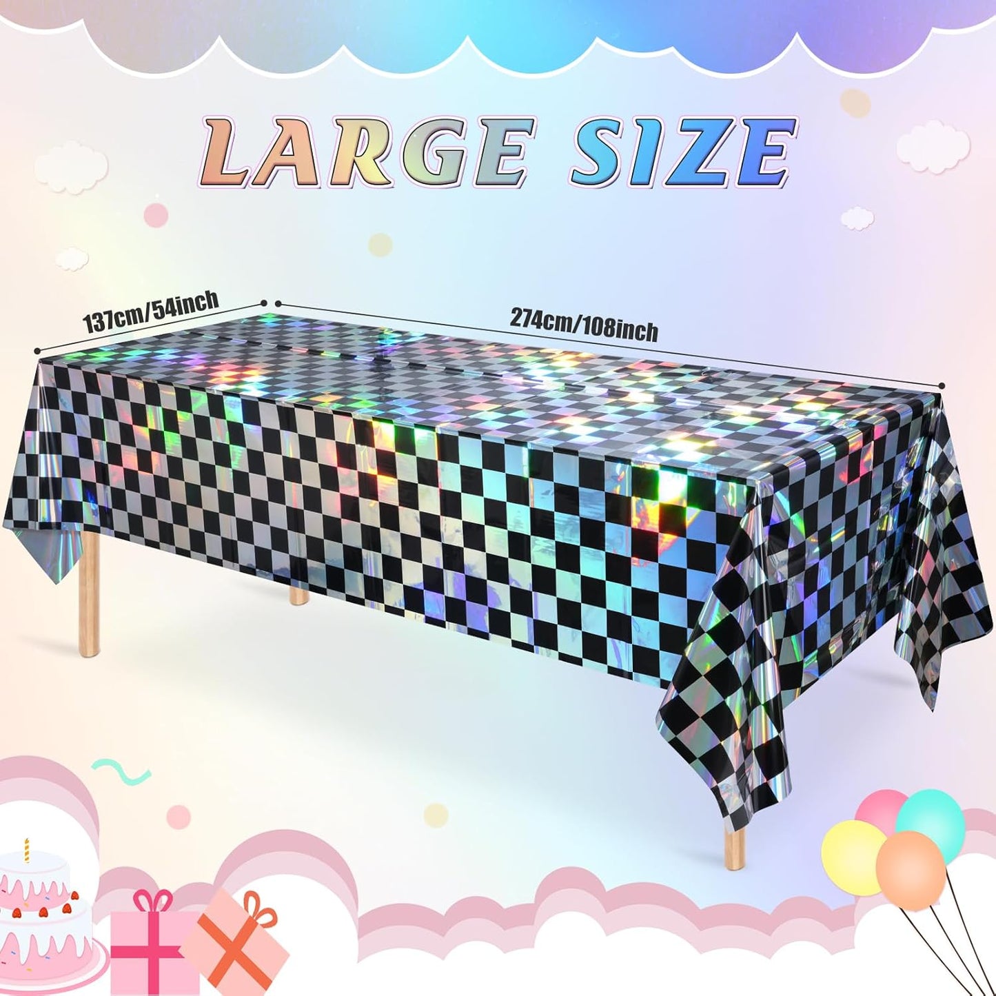 3Pack Black and Iridescent Checkered Plastic Tablecloth, Shiny Disposable Laser Rectangle Table Covers, Holographic Foil Tablecloth Iridescent Party Decorations for Picnic Camping Race Car, 54X108Inch