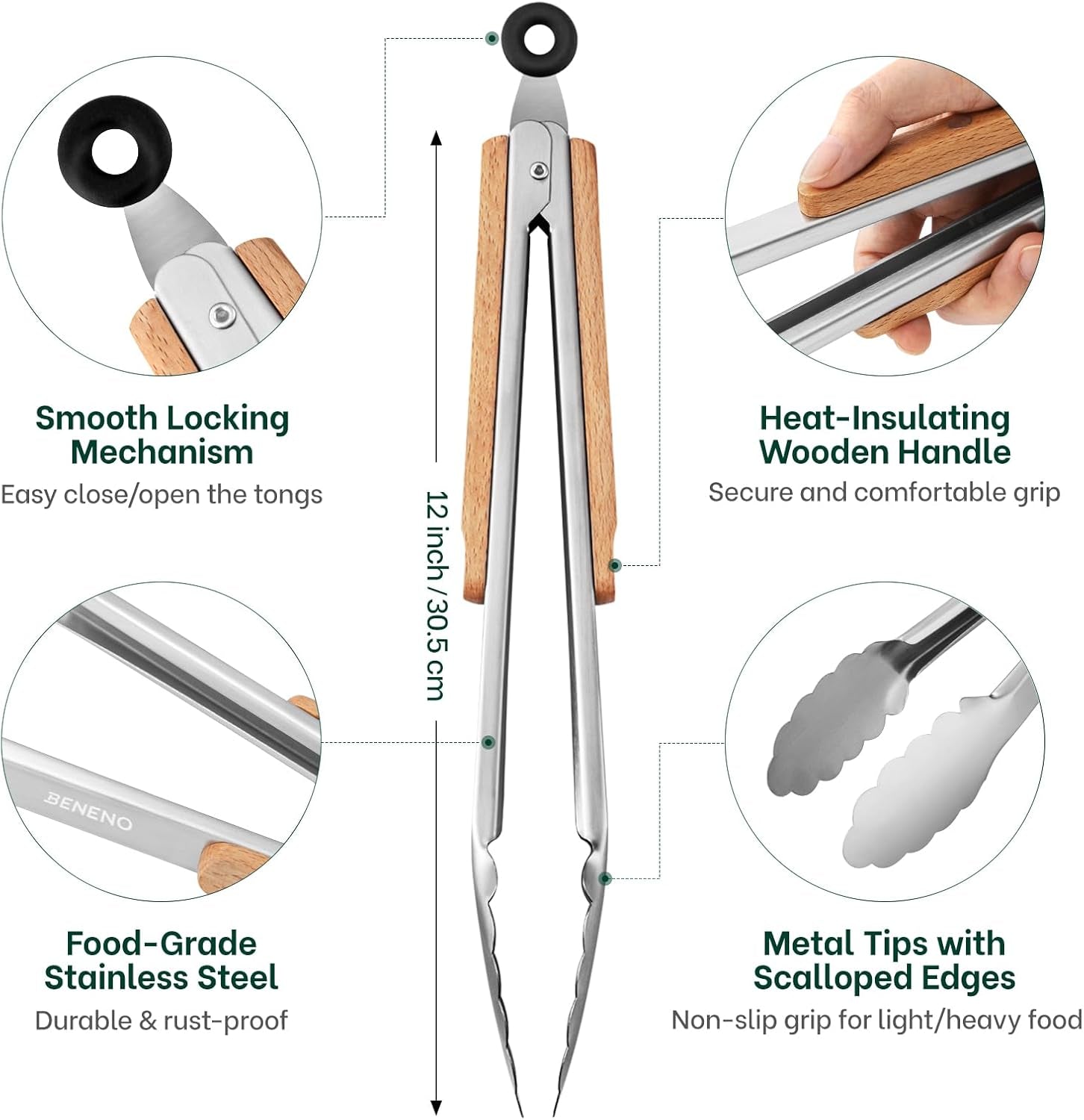 Tongs for Cooking, Food-Grade Stainless Steel Kitchen Tongs 12-Inch with Lightweight Heat-Insulating Wooden Grip & Non-Slip Scalloped Tips, Sturdy Locking Metal Tong for Cooking, Grill