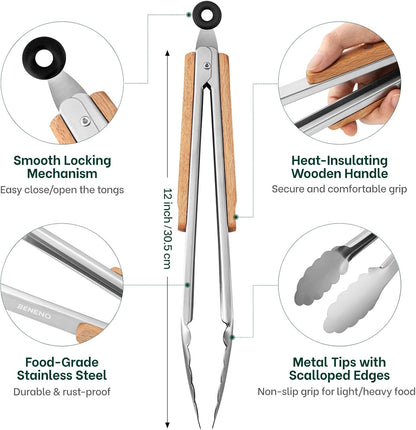 Tongs for Cooking, Food-Grade Stainless Steel Kitchen Tongs 12-Inch with Lightweight Heat-Insulating Wooden Grip & Non-Slip Scalloped Tips, Sturdy Locking Metal Tong for Cooking, Grill