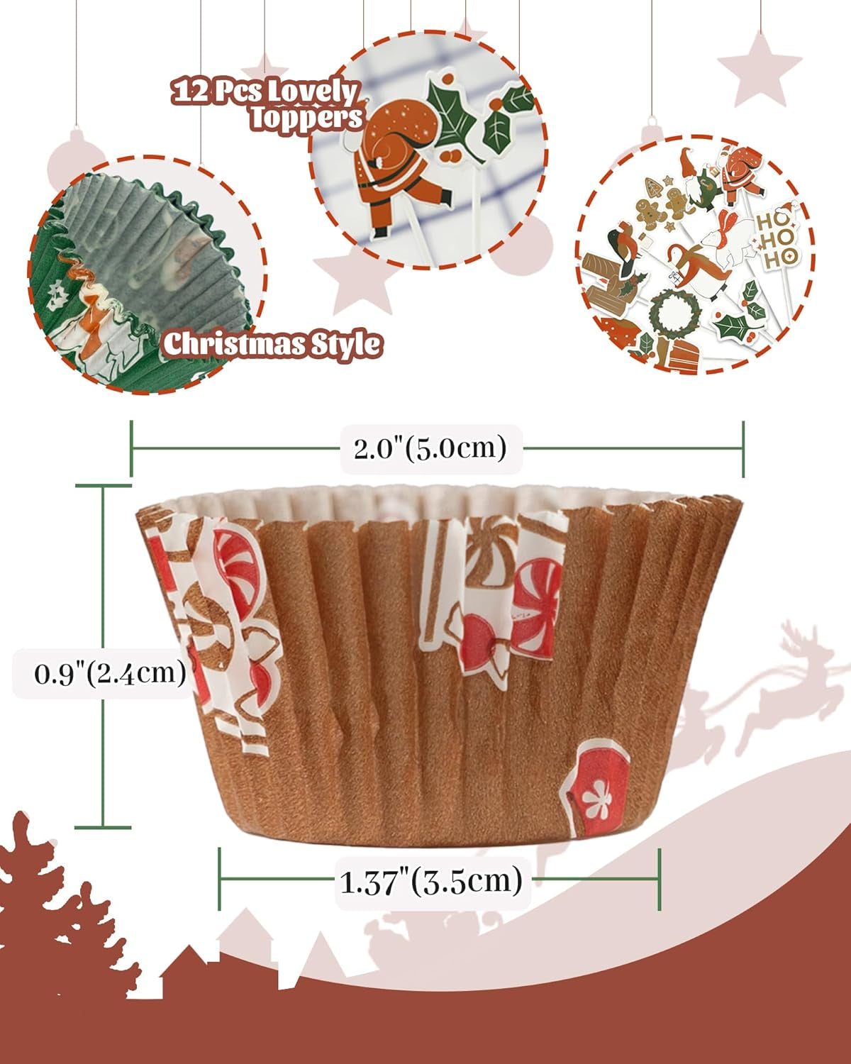 Christmas Mini Cupcake Liners with 12 Pcs Cupcake Toppers, 400 Pcs Muffin Liners, Cupcake Wrappers, Mini Cupcake Liners for Xmas Party, Christmas Holiday