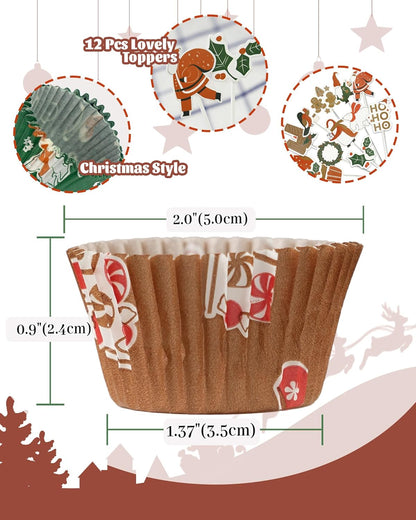 Christmas Mini Cupcake Liners with 12 Pcs Cupcake Toppers, 400 Pcs Muffin Liners, Cupcake Wrappers, Mini Cupcake Liners for Xmas Party, Christmas Holiday
