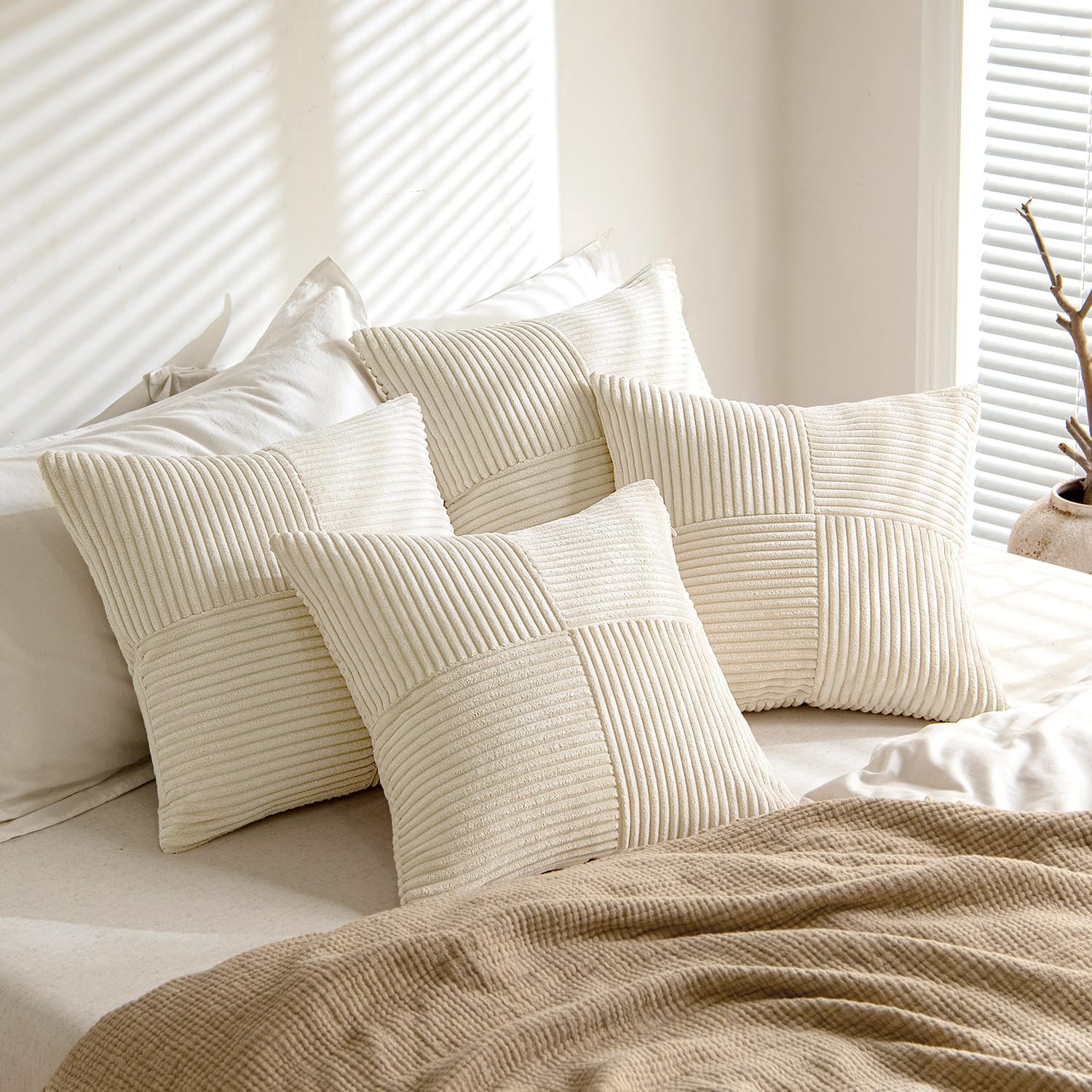 Beige Throw Pillow Covers 16X16 Inch Set of 4 Boho Patchwork Cushion Cases Modern Farmhouse Pillow Cases with Invisible Zipper Corduroy Striped Home Decor for Couch Sofa Bedroom