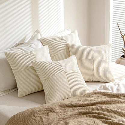 Beige Throw Pillow Covers 16X16 Inch Set of 4 Boho Patchwork Cushion Cases Modern Farmhouse Pillow Cases with Invisible Zipper Corduroy Striped Home Decor for Couch Sofa Bedroom