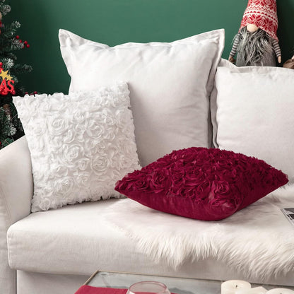 Pack of 2 3D Decorative Christmas Romantic Stereo Chiffon Rose Flower Pillow Covers Solid Square Festival Pillowcases for Valentines Day Sofa Bedroom Car 18X18 Inch Wine Red Wedding