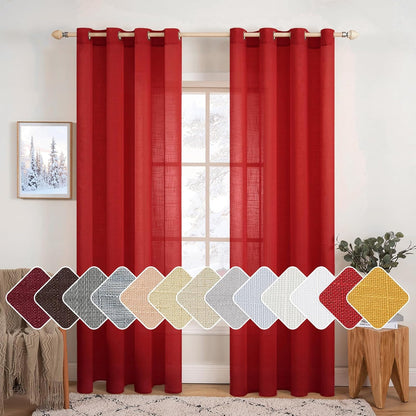 2 Panels Natural Linen Sheer Window Curtains Elegant Red Drapes Grommet Top Window Voile Drapes Linen Textured Panels for Bedroom Living Room (52X90 Inch)