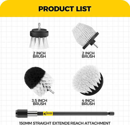 5Pack Drill Brush Attachment Set-Car Interior Detailing Kit，Power Scrubber Brush Extended Long Attachment for Bathroom, Car，Shower，Carpet,Boat,Kitchen，Floor and Tile，White
