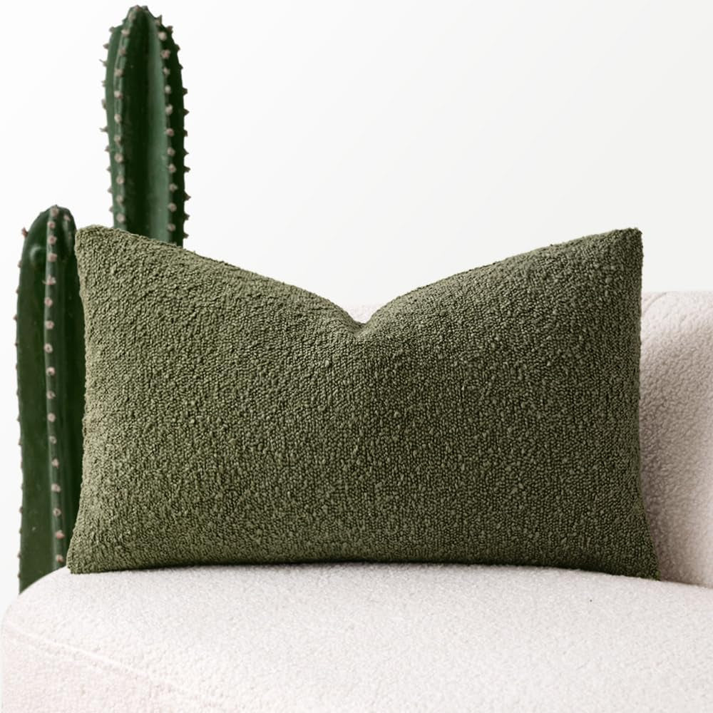 Textured Boucle Throw Pillow Cover Olive Green Accent Solid Lumbar Spring Pillow Case Decorative Soft Pack of 1 Couch Cushion Chair Sofa Bedroom Livingroom Home Decor,12X20 Inch