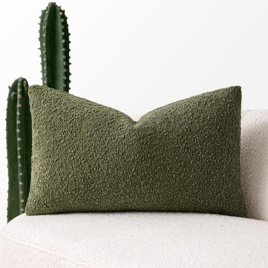 Textured Boucle Throw Pillow Cover Olive Green Accent Solid Lumbar Spring Pillow Case Decorative Soft Pack of 1 Couch Cushion Chair Sofa Bedroom Livingroom Home Decor,12X20 Inch