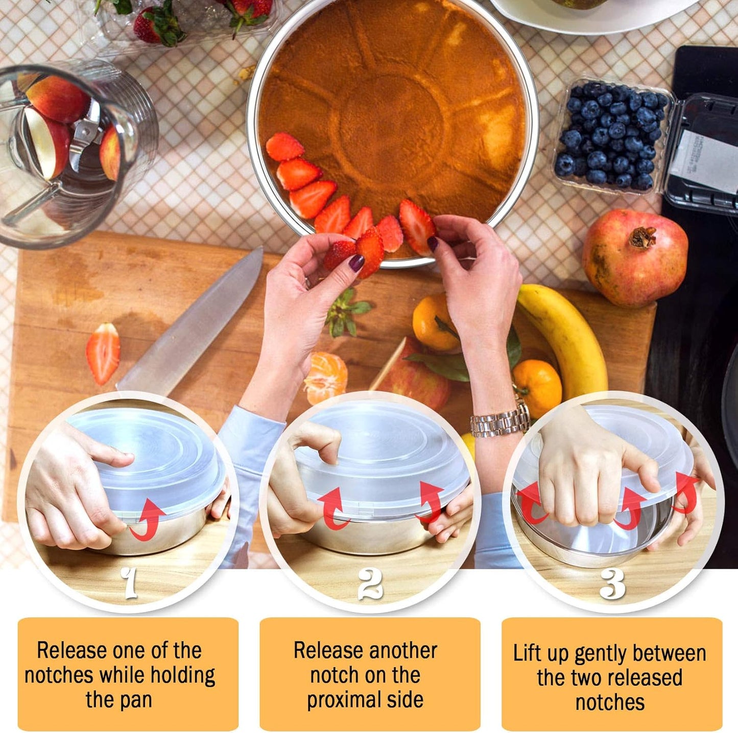 8-Inch Cake Pan with Lid Set (3 Pans + 3 Lids), Stainless Steel round Baking Pans for Picnic Wedding Birthday, Leak-Proof Pan & Raised Plastic Cover, Healthy & Non-Toxic, Dishwasher Safe