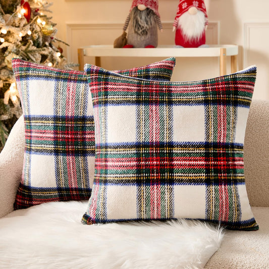 Christmas Plaid Decorative Throw Pillow Covers Set of 2 Scottish Tartan Vintage Farmhouse Winter Cuhion Case Pillow Covers for Couch Livingroom Sofa Bed Porch Home Decor 18X18Inch White