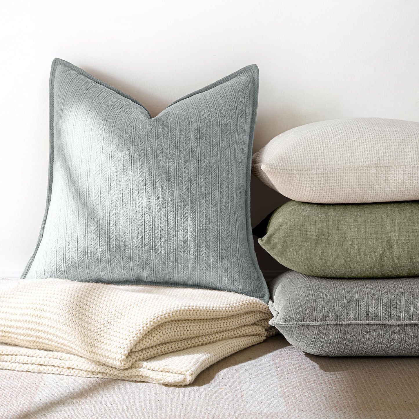 20X20 Inch Aqua Blue Decorative Couch Pillow Covers Set of 2 Chenille Throw Pillow Covers Coastal Farmhouse Cushion Cases with Elegant Design for Home Decor Sofa Bedroom Living Room