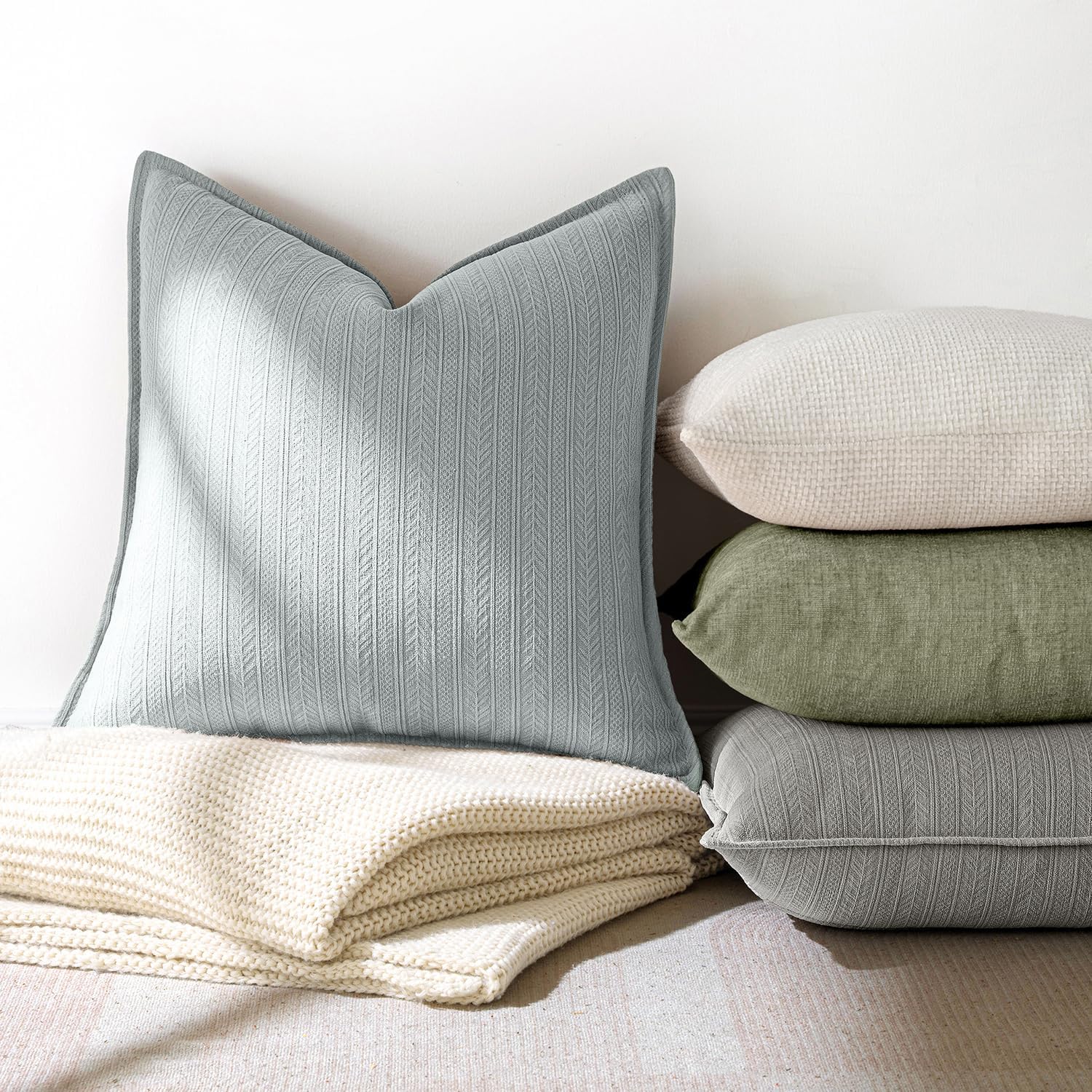 20X20 Inch Aqua Blue Decorative Couch Pillow Covers Set of 2 Chenille Throw Pillow Covers Coastal Farmhouse Cushion Cases with Elegant Design for Home Decor Sofa Bedroom Living Room