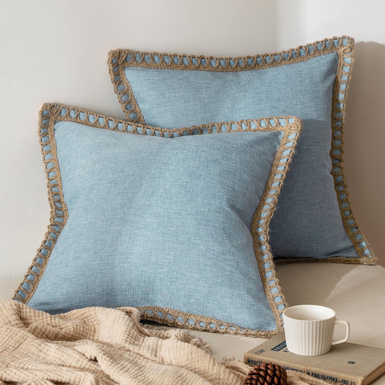 Pack of 2 Decorative Throw Pillow Covers Modern Farmhouse Outdoor Summer Pillow Covers Neutral Linen Burlap Pillowcases Cushions for Couch Bed Living Room Sofa, Light Blue 18 X 18 Inches