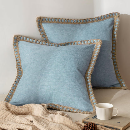 Pack of 2 Decorative Throw Pillow Covers Modern Farmhouse Outdoor Summer Pillow Covers Neutral Linen Burlap Pillowcases Cushions for Couch Bed Living Room Sofa, Light Blue 18 X 18 Inches