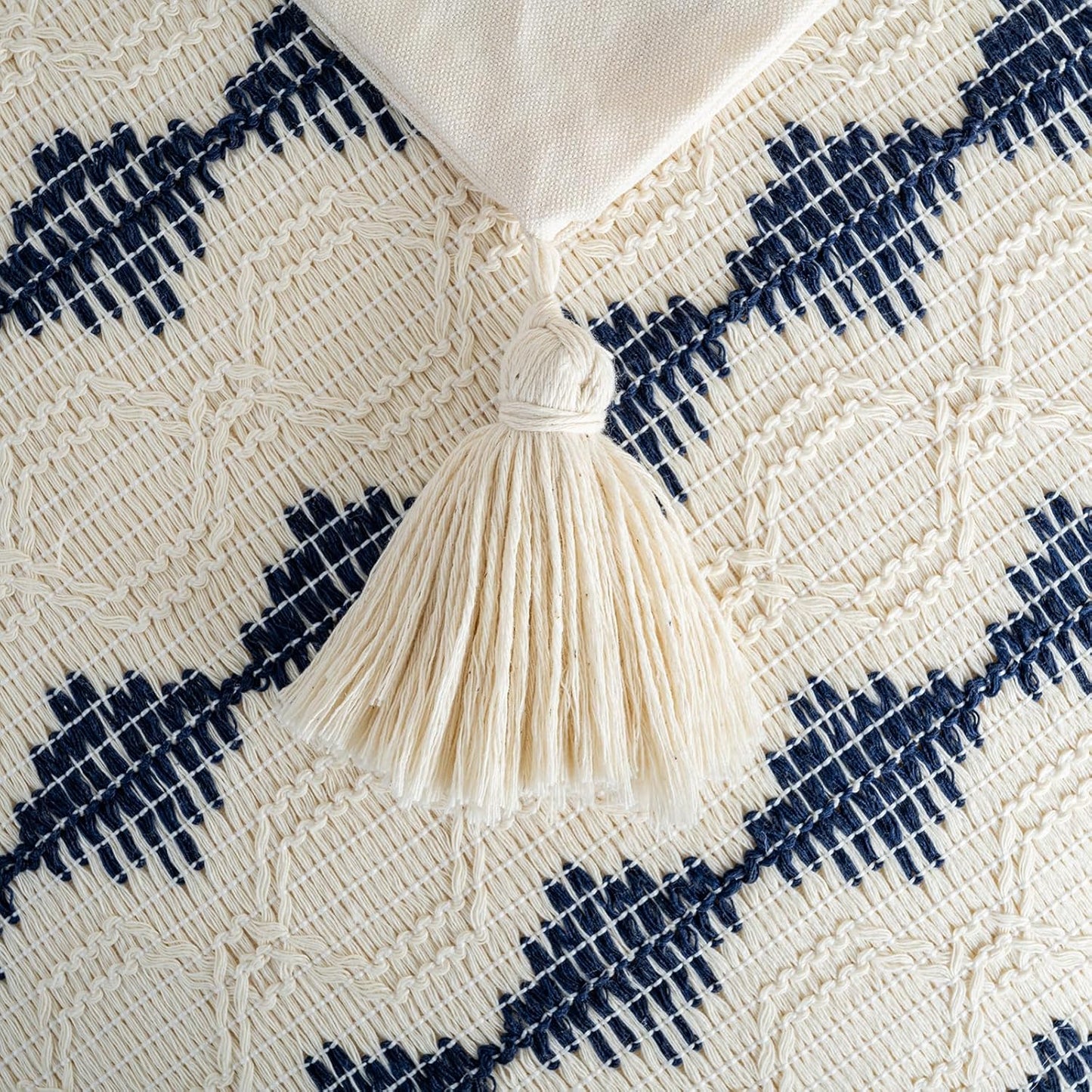 Set of 2 Navy Blue Lumbar Decorative Throw Pillow Covers 12X20 Inch for Couch Bed Sofa Living Room, Aesthetic Organic Farmhouse Home Decor, Cotton Woven Textured Cushion Case with Tassels