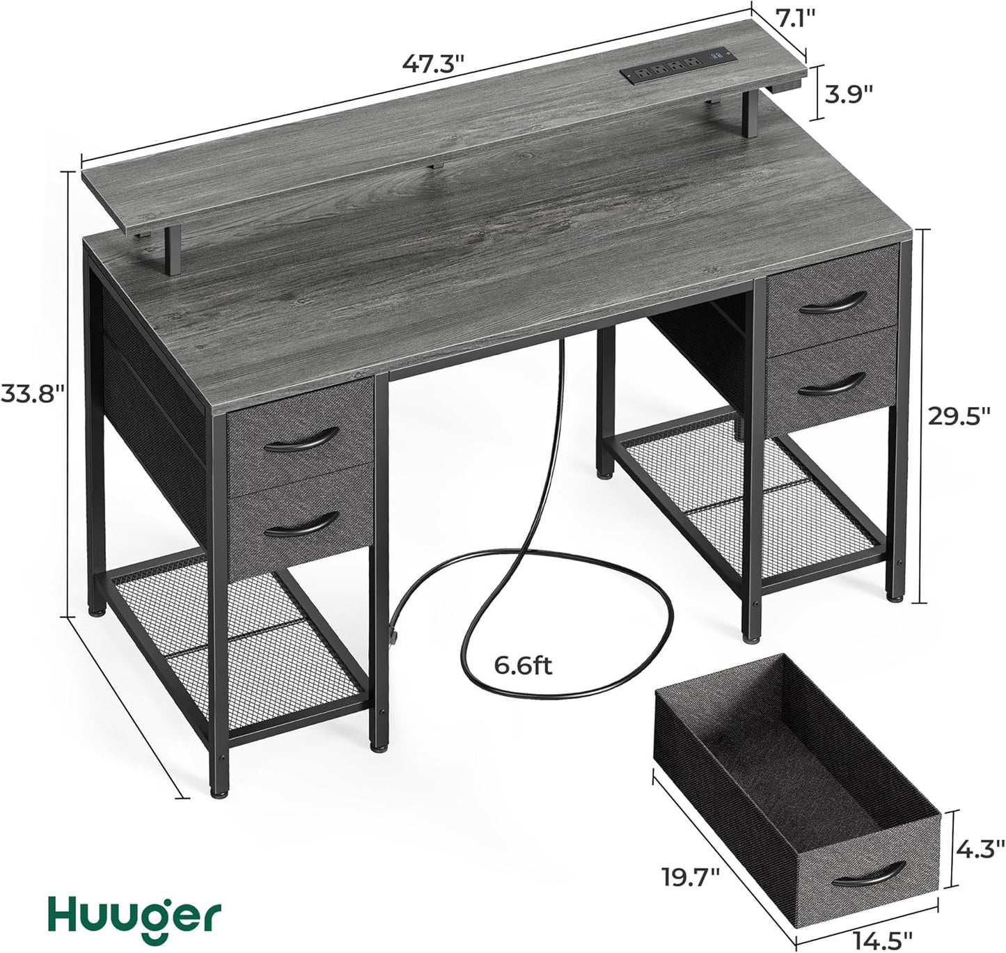 47-Inch Grey Computer Desk with 4 Drawers, LED Lighting, and Power Outlets - Ideal for Home Office and Gaming with Ample Storage Space