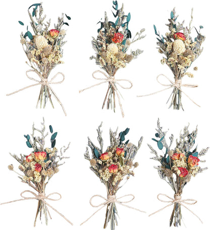 Mini Dried Flower Bouquet (Pack of 6), Rose Bouquets, Party Favours, Bohemian Plate Decoration, Birthday Cake Dried Flower Gift Box Companion, Photography Props (Rose)