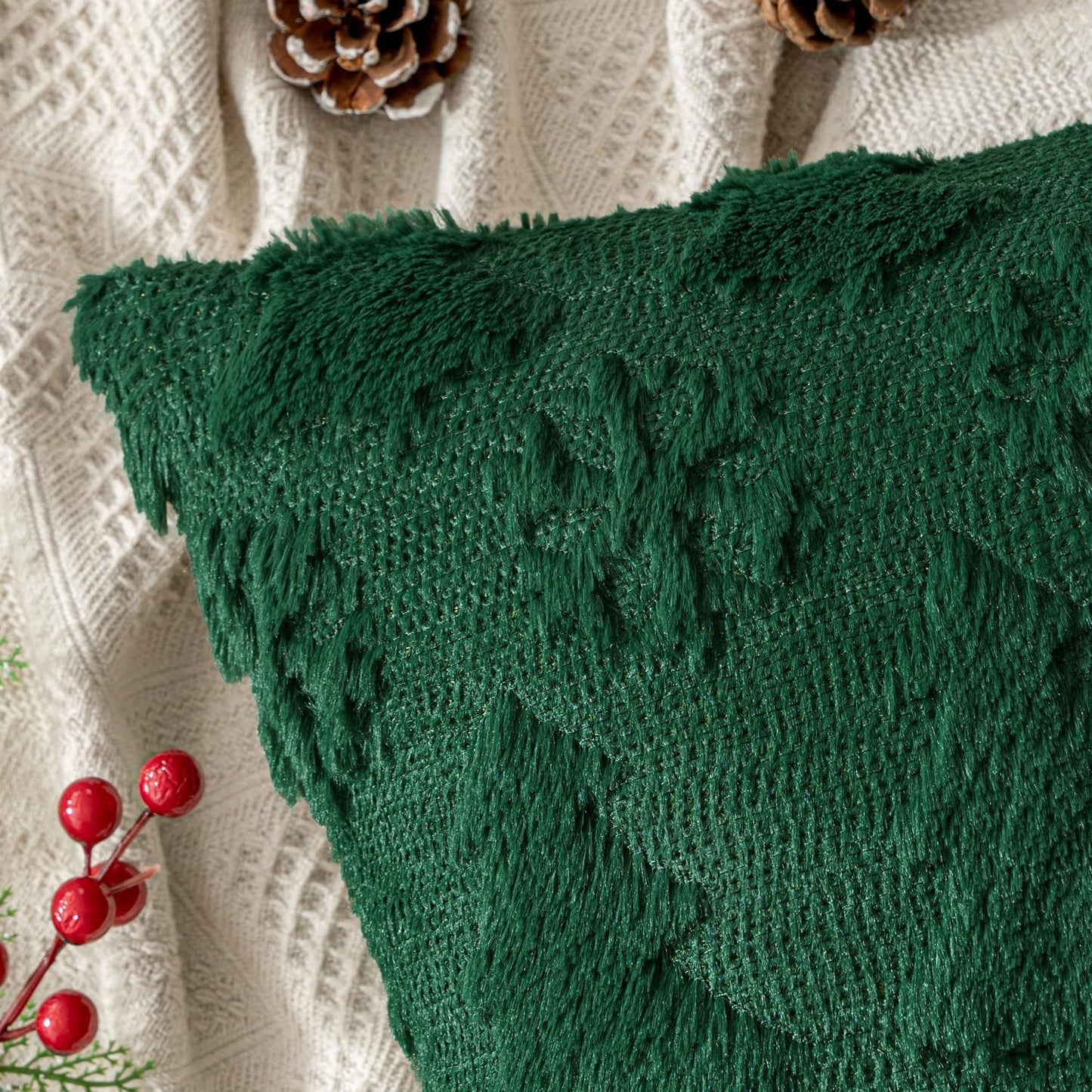 Christmas Throw Pillow Covers 18X18 Set of 2 Christmas Decorations Dark Green Soft Plush Faux Fur Wool Xmas Tree Snowflakes Pillowcases Holiday Festivals Winter Home Decor Sofa Couch Bed Porch