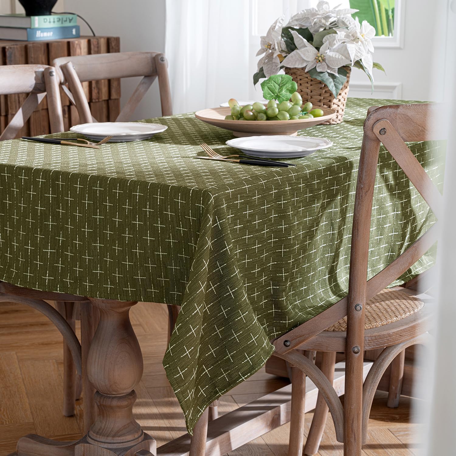 Sage Green Linen Table Cloth Rectangle Tablecloth Waterproof Spillproof Cross-Star Textured Table Cloth, Decorative Rustic Farmhouse Style for Dining/Party/Buffet/Wedding,52X70 Inch