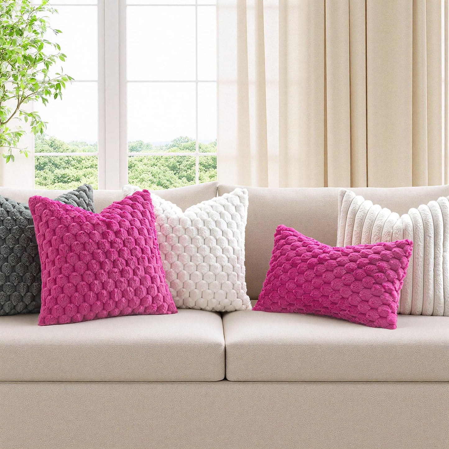 Hot Pink Faux Fur Decorative Throw Pillow Covers 18X18 Inch Set of 2 Super Soft Cozy Plush Cushion Cases Luxury Fluffy Pillowcases for Sofa Couch Bed Living Room