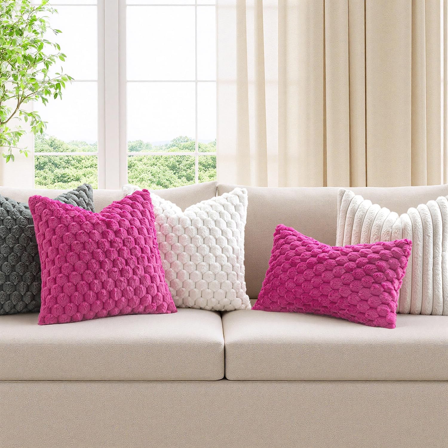 Hot Pink Faux Fur Decorative Throw Pillow Covers 18X18 Inch Set of 2 Super Soft Cozy Plush Cushion Cases Luxury Fluffy Pillowcases for Sofa Couch Bed Living Room