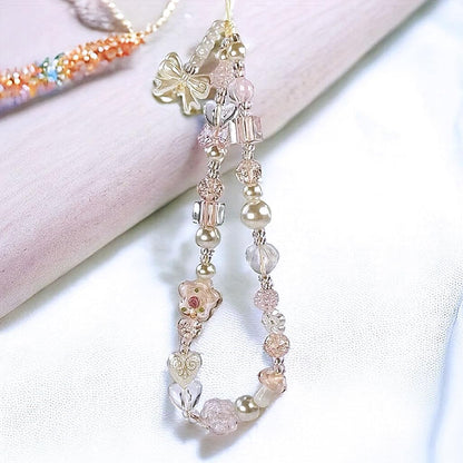 Beaded Camera Wrist Strap Cute Pearl Digital Camera Charm Lanyard, Phone Wristlet Charms, Beaded Camera Chain for Phone, Bag, Keychain Accessories (Bow&Flower)