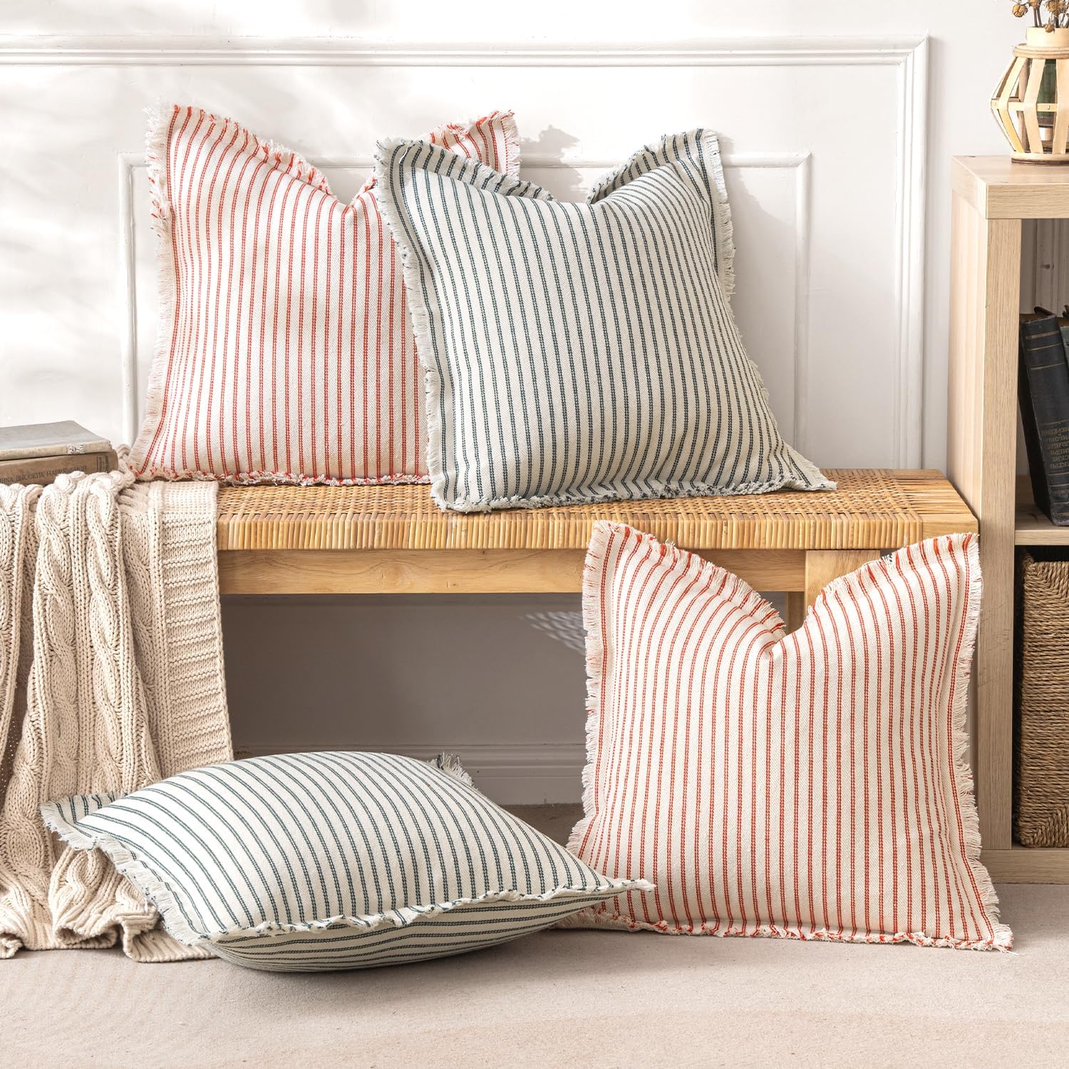 Pack of 2 Christmas Dark Green Pillow Covers 20X20 Inch Striped Farmhouse Couch Throw Pillow Covers with Fringe Chic Linen Decorative Cushion Covers for Sofa Living Room Bed Outdoor Home Decor