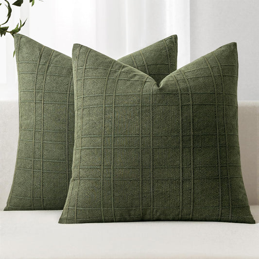 Decorative Linen Check Throw Pillow Covers Neutral Farmhouse Vintage Pillow Covers 18X18 Inch Set of 2 Boho Modern Home Decor for Sofa Couch Bedroom Cushion Chair Dark Olive Green