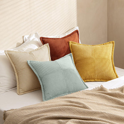 Fall Teal-Orange Decorative Throw Pillow Covers 18X18 Inch 4 Packs Soft Boho Farmhouse Pillow Cases Modern Corduroy Patchwork Cushion Covers for Couch Sofa Bed with Flange Edge Home Decor