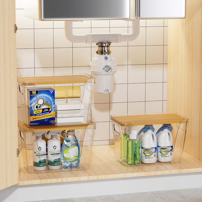 2 Pack Trash Bag Dispenser with Bamboo Lid,Clear Plastic Garbage Bag Organizer for 4-33 Gal Bags,Space-Saving under Sink Organizer for Kitchen, Laundry, Pantry